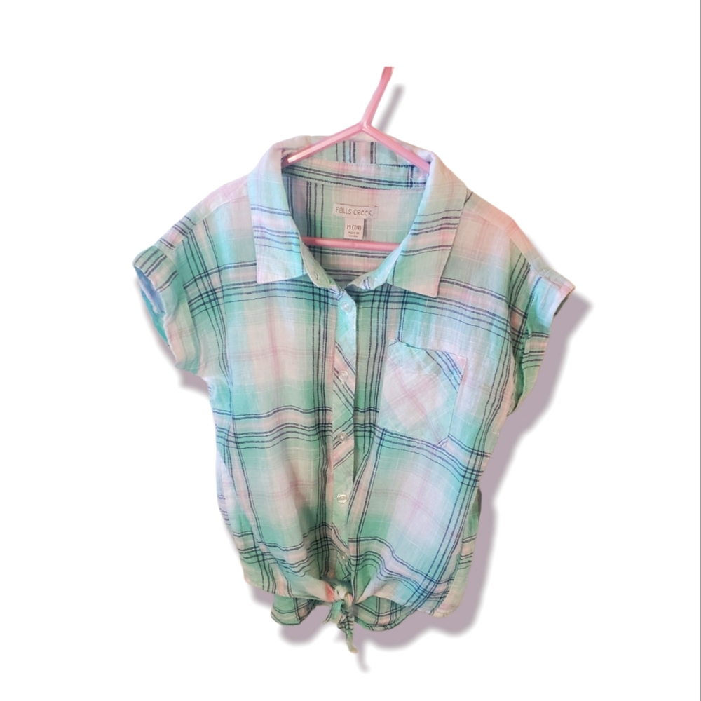 NWT Girl's size medium 7/8 pink white blue aqua plaid top with tie bottom